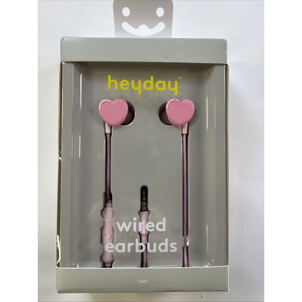 Heyday Wired Earbuds Pink Heart 3.5mm In-Ear Mic Comfort Fit Kids Travel School